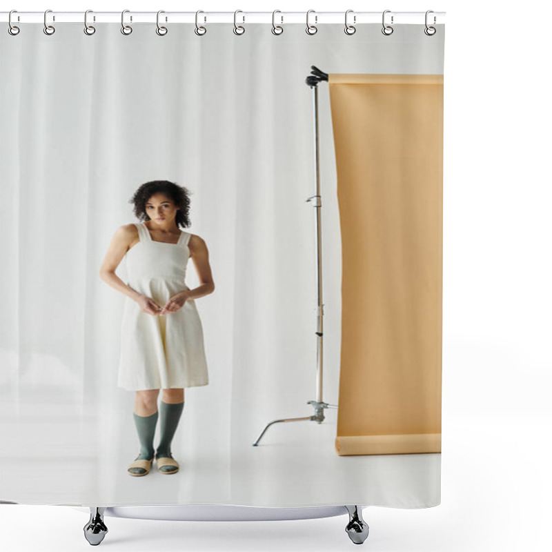 Personality  A Stunning Woman Embodies Elegance In Fashionable Attire, Showcasing Confidence In A Chic Setting. Shower Curtains