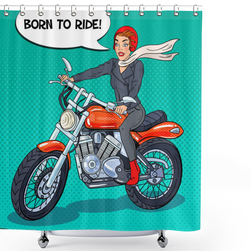 Personality  Pop Art Biker Woman In Helmet Riding A Motorcycle. Vector Illustration Shower Curtains