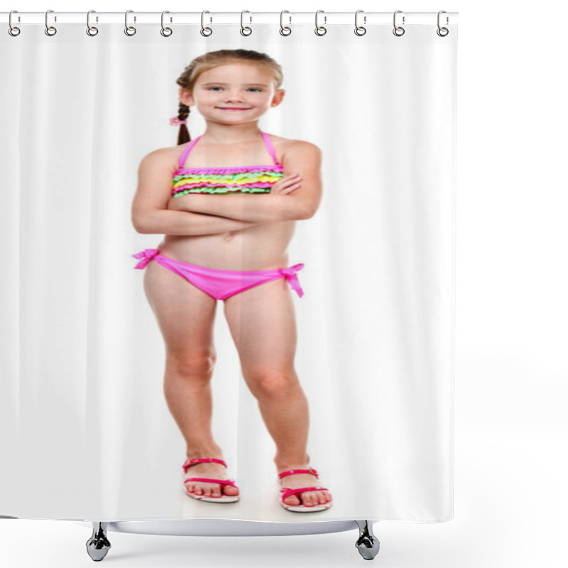 Personality  Cute Smiling Little Girl In Swimsuit Isolated  Shower Curtains