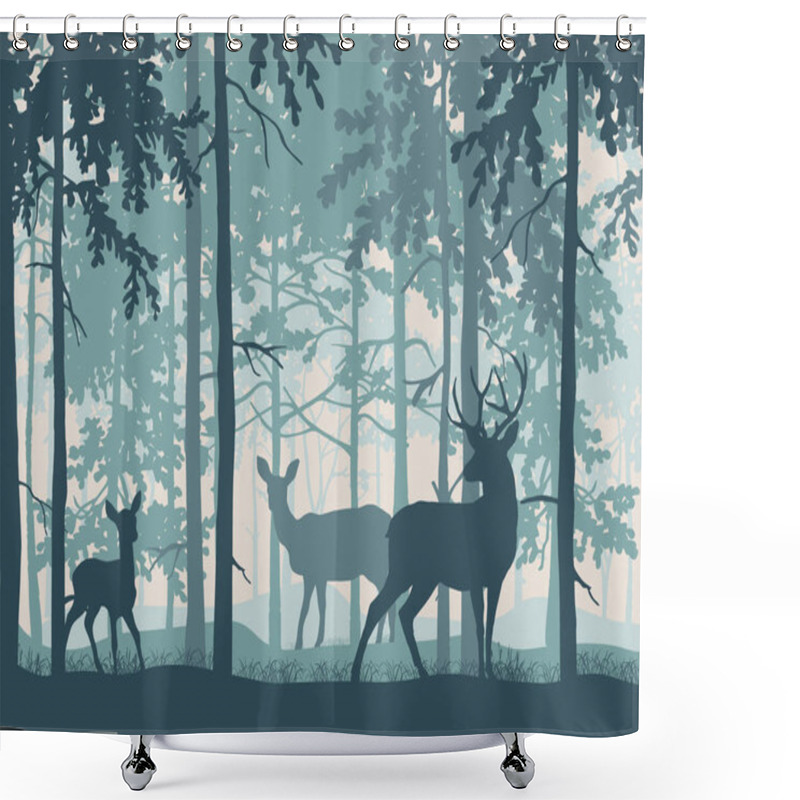 Personality  Deer With Doe And Fawn In Magic Misty Forest. Silhouettes Of Trees And Animals. Blue Background, Illustration. Shower Curtains