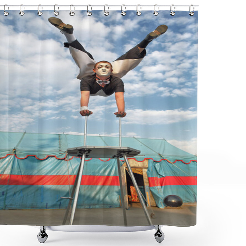 Personality  Circus Acrobat With A Plastic Body Executes His Tricks Shower Curtains