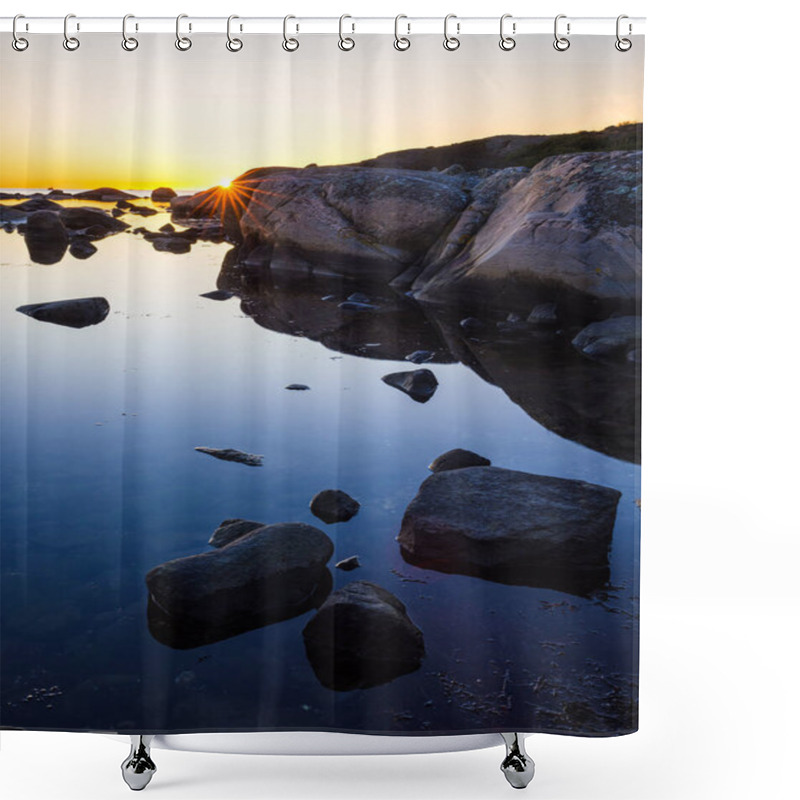 Personality  As The Sun Sets Over Sweden's Coast, The Sky Glows With Warm Hues While Light Dances On Smooth Waters And Jagged Rocks, Creating A Tranquil Atmosphere. Shower Curtains