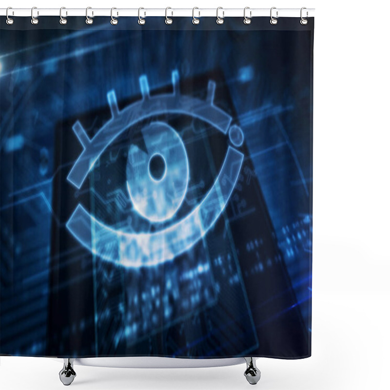 Personality  Cyber Surveillance Concept With Spy Eye Hologram Over Cpu In Background. Concept Of Privacy Tracking, Digital Spying, Artificial Intelligence And Spyware. 3D Flight Over Futuristic Circuit Board. Shower Curtains