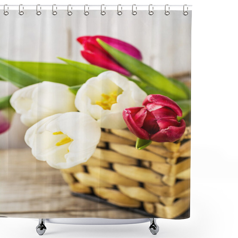 Personality  Tulip Flowers In White Basket Shower Curtains