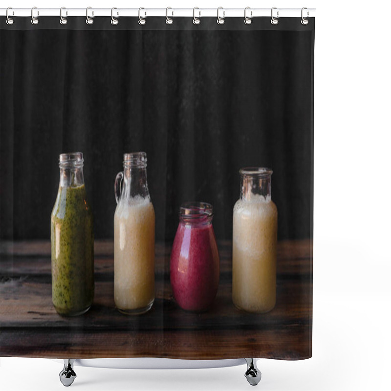 Personality  Set Of Bottles With Fresh Healthy Smoothies On Rustic Table Shower Curtains