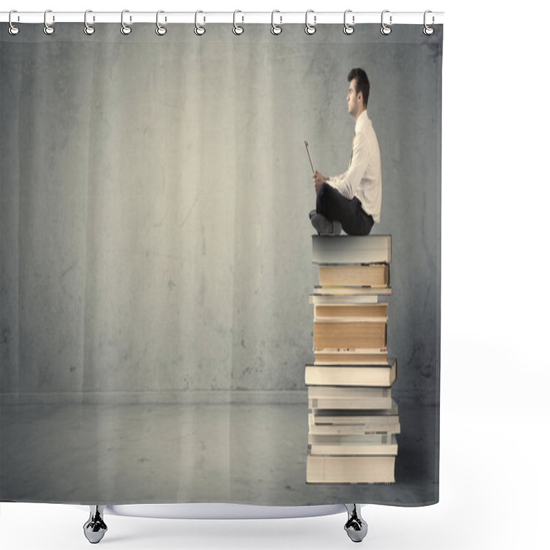 Personality  Man With Laptop Sitting On Books Shower Curtains