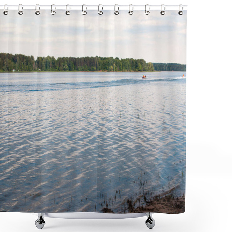 Personality  Rest On The Forest Lake. View From The Shore Of The Fishing Lake In The Early Morning In The Fog. Place For Text. Shower Curtains