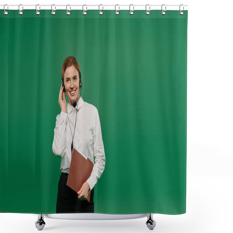 Personality  A Woman In Formal Attire Interacts With Clients, Showcasing Professionalism In A Dynamic Call Center Environment. Shower Curtains