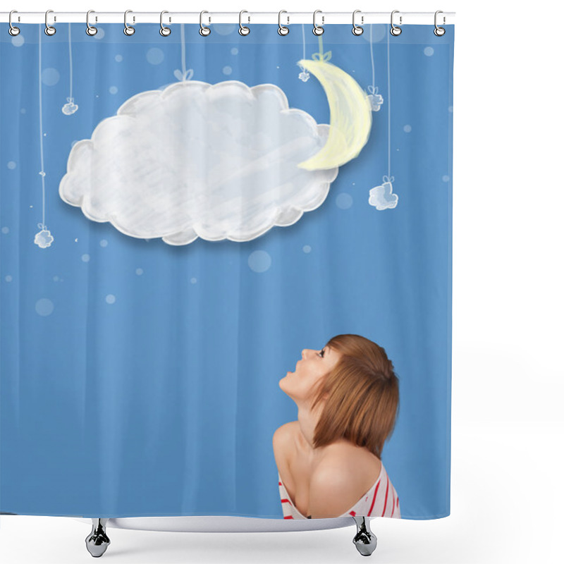 Personality  Young Girl Looking At Cartoon Night Clouds With Moon Shower Curtains