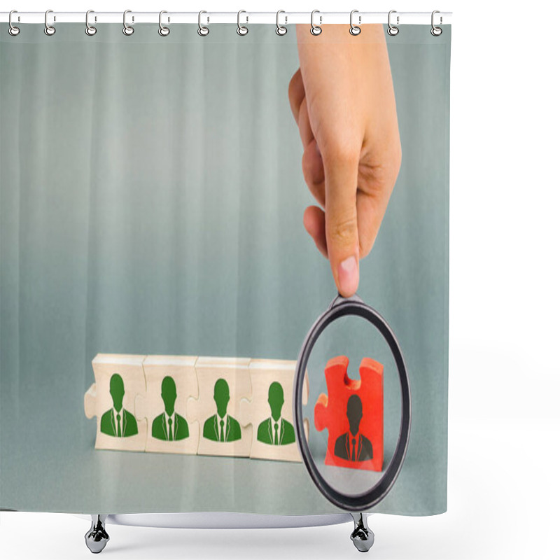 Personality  Wooden Puzzles With The Image Of Workers. The Concept Of Personnel Management In The Company. Dismissing An Employees From A Team. Demotion. Bad Worker. Staff Cuts. Human Resources. Demote Shower Curtains