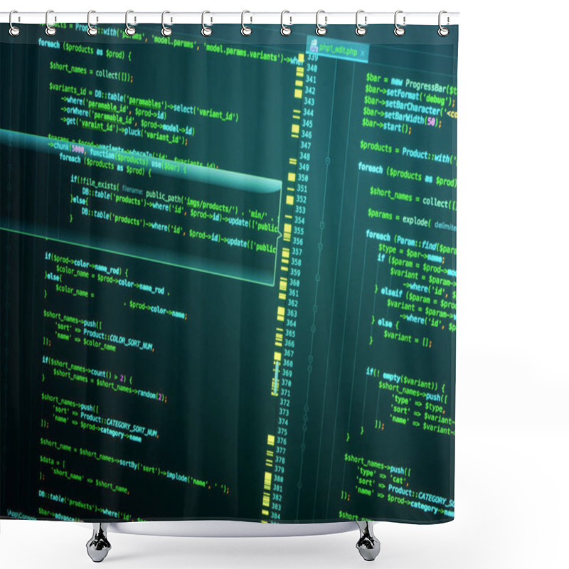 Personality  PHP In Code Editor, Close Up. Programming Concept. Web Developing On The Php Language Shower Curtains