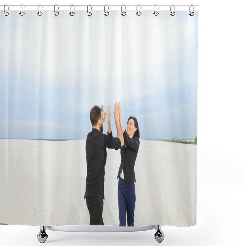 Personality    Marketers Male And Female Rejoicing At Start Of Vacation At Se Shower Curtains