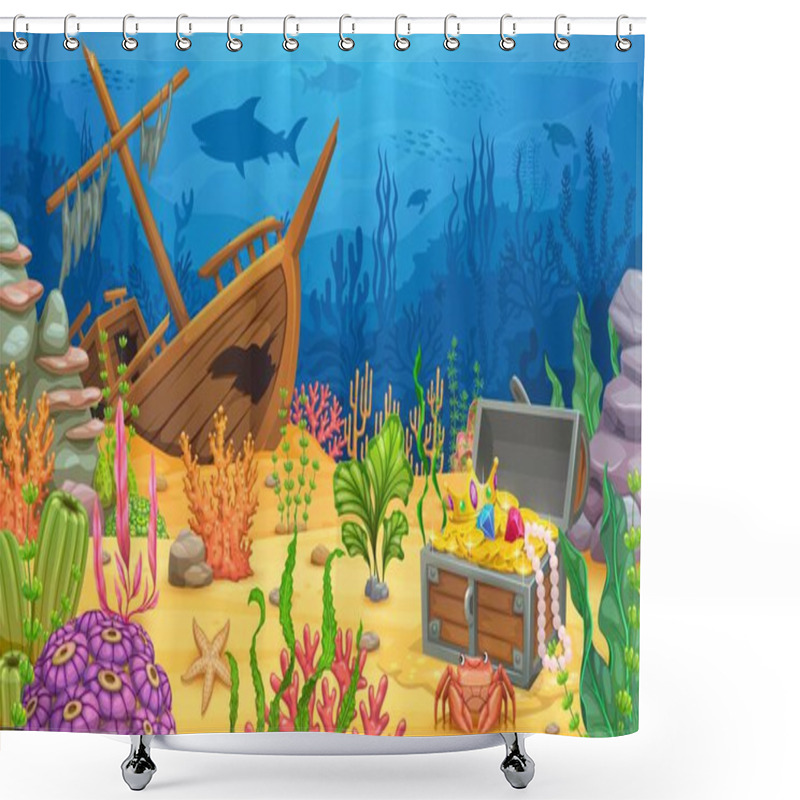 Personality  Underwater Game Landscape, Sunken Ship And Treasure Chest. Cartoon Vector Ocean World Level, Parallax Background With Shipwreck Boat, Pirate Loot Trunk, Fish, Coral Reef, And Seaweeds On Sea Bottom Shower Curtains