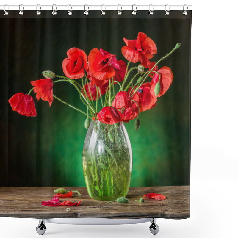 Personality  Bouquet Of Poppy Flowers In The Vase On The Wooden Table. Shower Curtains