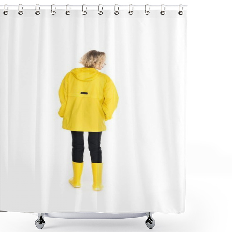 Personality  Rear View Of Young Woman In Stylish Yellow Raincoat And Rain Boots Isolated On White Shower Curtains