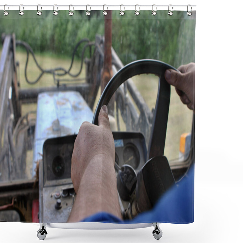 Personality  Closeup Of  Hand Farmer Tractor-driver On Tractor Steering Wheel Shower Curtains