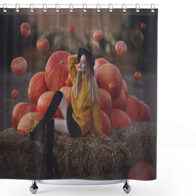 Personality  Modern Young Witch Conjures Levitating Pumpkins. Beautiful Girl In A Hat Near Big Pumpkins. Shower Curtains