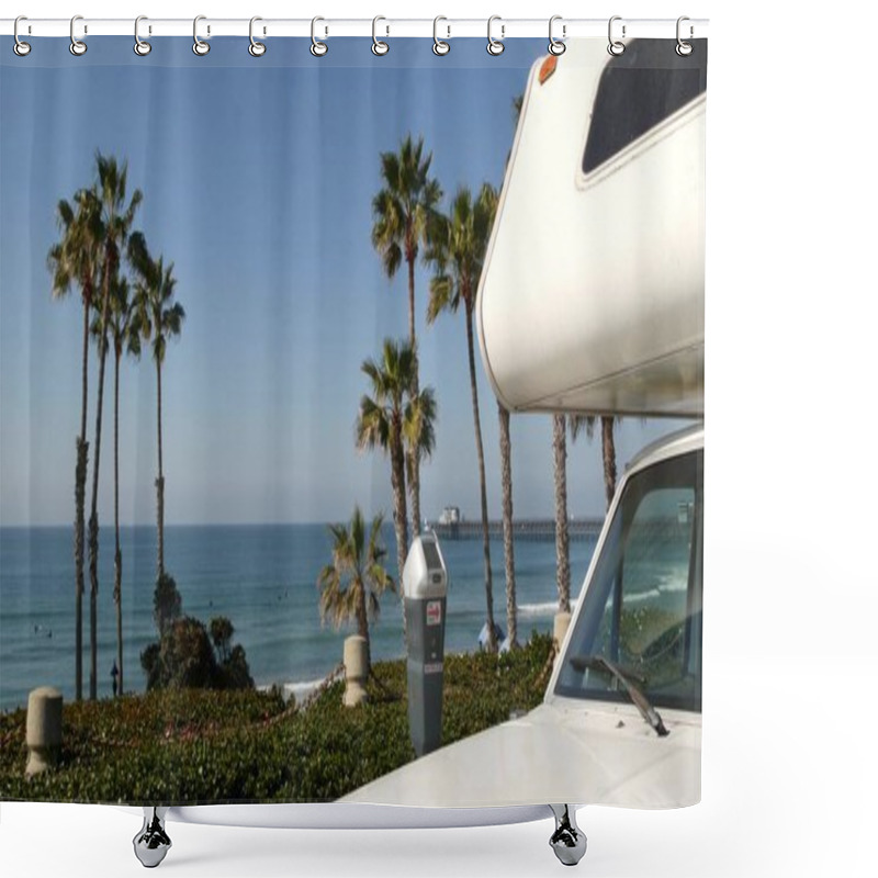 Personality  Motorhome Trailer Or Caravan For Road Trip. Ocean Beach, California USA. Camper Van, RV Motor Home. Shower Curtains