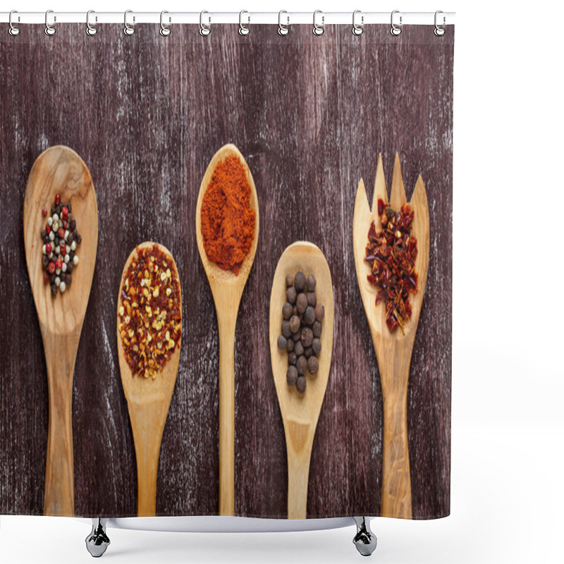 Personality  Various Spices In Wooden Spoons On Dark Brown Background. Differ Shower Curtains