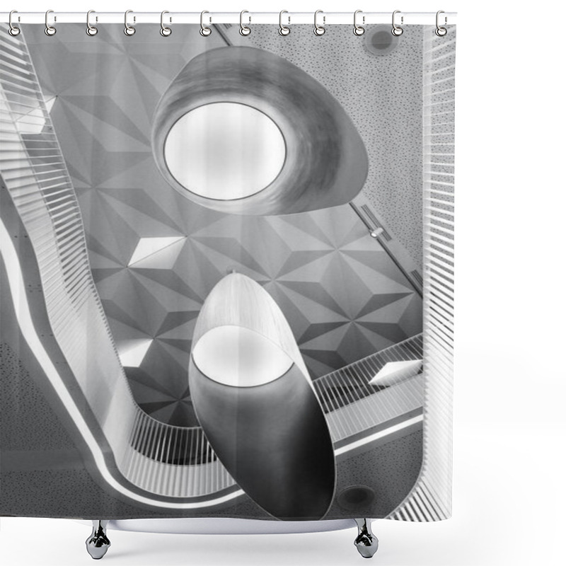 Personality  Abstract Geometric Lines And Shapes Of Modern Building Interior, Low Angle Black And White Futuristic Indoor Picture   Shower Curtains