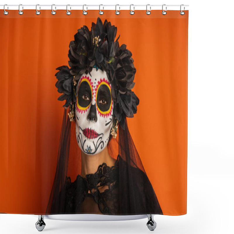 Personality  Portrait Of Woman In Black Wreath And Sugar Skull Halloween Makeup Looking At Camera Isolated On Orange Shower Curtains