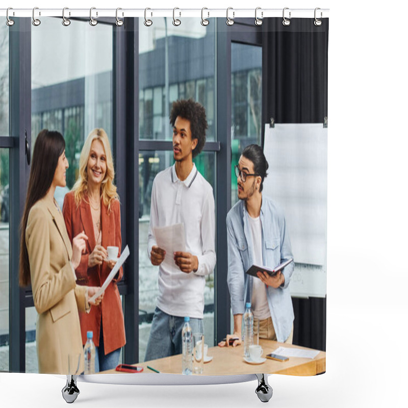 Personality  A Diverse Group Of Professionals Engaged In A Discussion At A Meeting Table. Shower Curtains