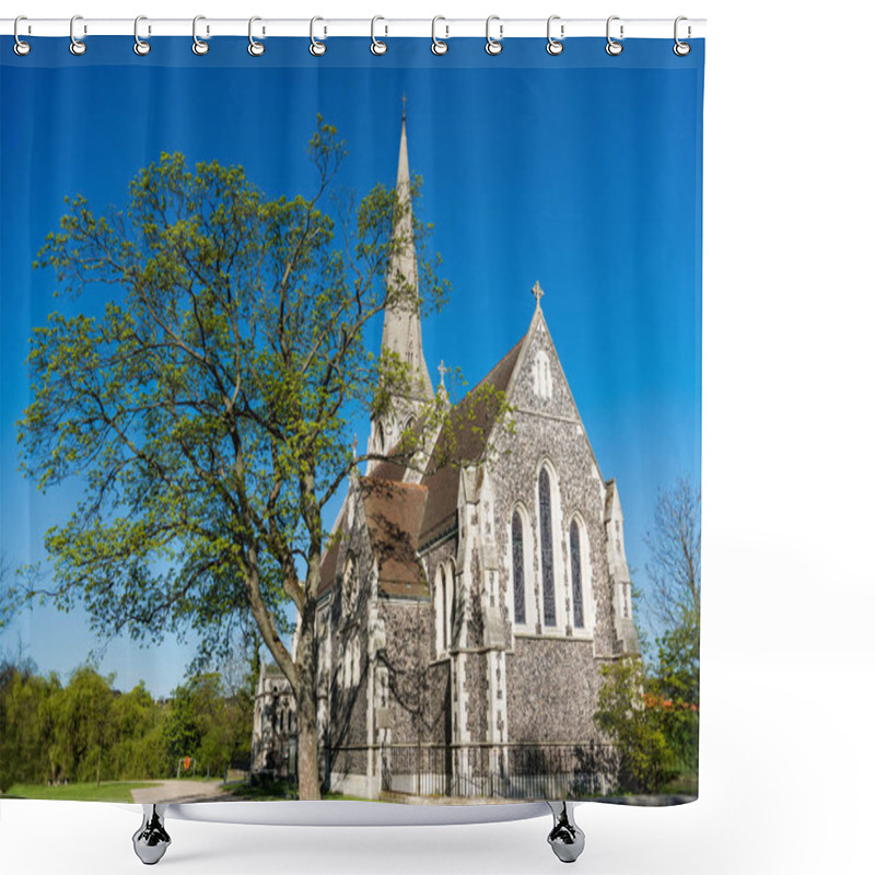 Personality  Beautiful Famous St. Albans Church Against Blue Sky In Copenhagen, Denmark Shower Curtains