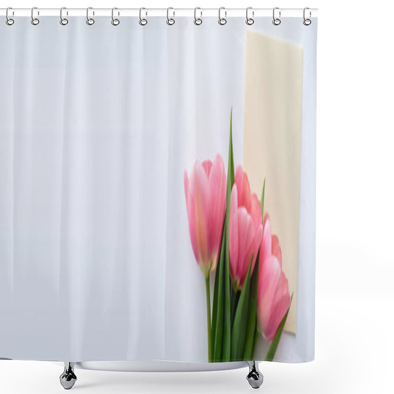 Personality  Top View Of Pink Tulips Near Pastel Yellow Envelope On White, Banner Shower Curtains