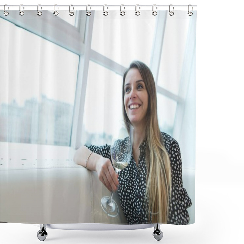 Personality  Portrait Of A Positive Woman With A Glass Of Alcohol In Her Hands At A Restaurant With A Modern Interior. Recreation Of Women's Business In An Alcohol Restaurant. Shower Curtains