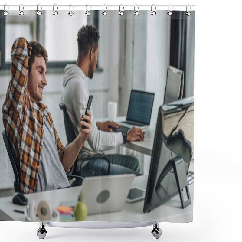 Personality  Cheerful Programmer Using Smartphone While Sitting At Workplace Near African American Colleague Shower Curtains