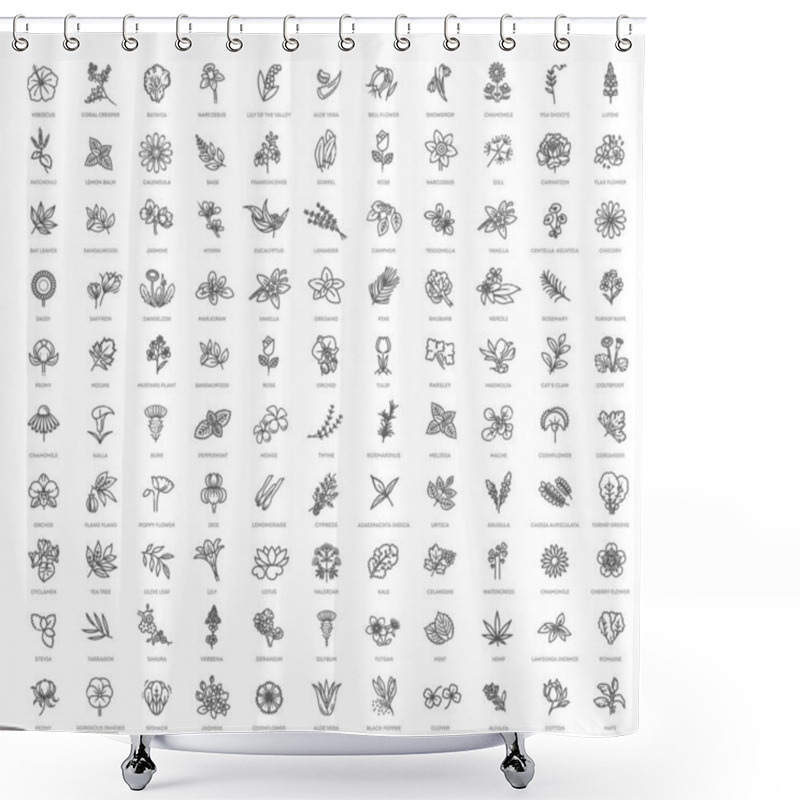 Personality  Set Of Floral And Herbs Icon In Flat Design. Thin Line Style Shower Curtains