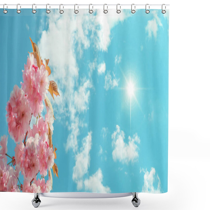 Personality  Fresh Pink Flowers And Sunny Blue Sky. 3d Ceiling Photo. Bottom Up Of View Flower And Sky At Spring Season Shower Curtains