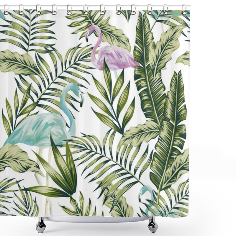 Personality  Pastel Green Jungle Palm Banana Leaves Blue Purple Tropical Birds Flamingo White Background Seamless Pattern Botanical Composition Shower Curtains