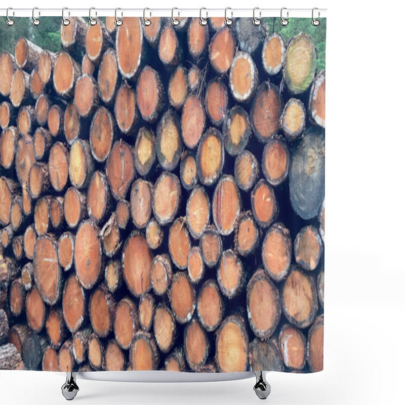 Personality  Close-up Of A Large Stack Of Tree Logs In A Forest, Showcasing The Rounded Ends And Natural Wood Finish, Ideal For Concepts Related To Forestry, Natural Resources, And Sustainable Wood Use. Shower Curtains