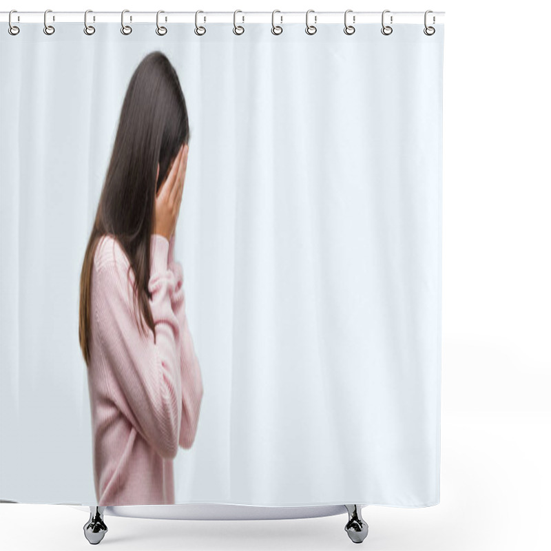 Personality  Young Beautiful Hispanic Woman Wearing A Sweater With Sad Expression Covering Face With Hands While Crying. Depression Concept. Shower Curtains