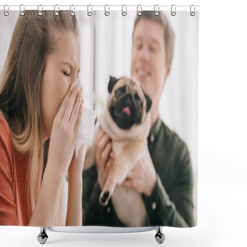 Personality  Selective Focus Of Sneezing Woman Allergic To Dog Near Cheerful Man With Pug  Shower Curtains