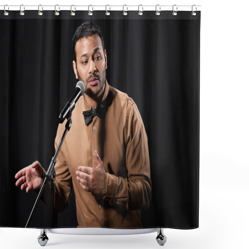 Personality  Indian Comedian Performing Stand Up Comedy And Telling Jokes In Microphone On Black Stage Shower Curtains