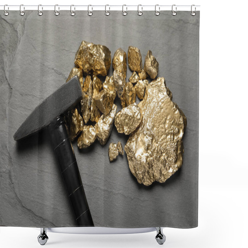 Personality  Pile Of Gold Nuggets And Hammer On Black Table, Flat Lay Shower Curtains