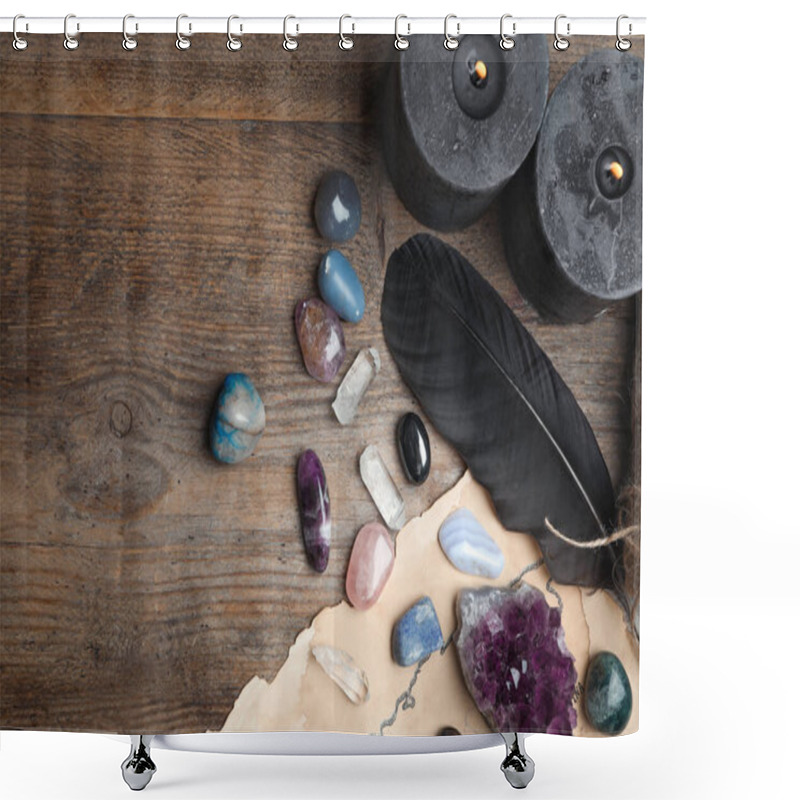 Personality  Flat Lay Composition With Different Gemstones On Wooden Background. Space For Text Shower Curtains