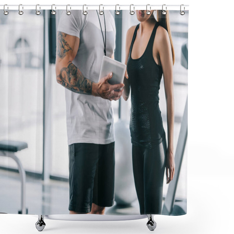 Personality  Cropped Image Of Male Personal Trainer Showing Schedule On Digital Tablet To Sportswoman At Gym  Shower Curtains