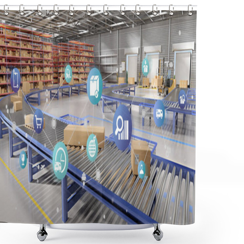 Personality  View Of A Logistic Organisation On A Warehouse Background 3d Rendering Shower Curtains