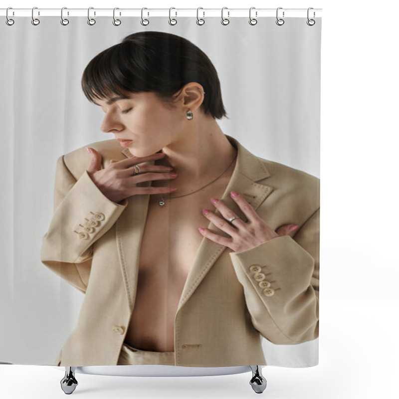 Personality  A Woman Poses Confidently In A Tan Blazer Against A White Backdrop. Shower Curtains