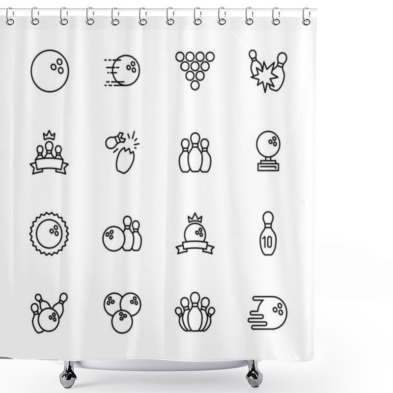 Personality  Simple Set Symbols Bowling, Kegling And Billiards Outline Icon. Contains Such Icon Bowling Ball, Skittles, Bowls, Ninepins, Strike, Win, Championship, Victory And Other. Shower Curtains