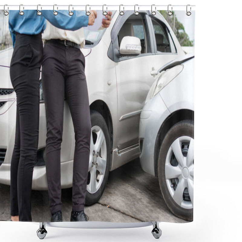 Personality  Asian Women Driver Talk To Insurance Agent For Examining Damaged Car And Customer Checking On Report Claim Form After An Accident. Concept Of Insurance And Car Traffic Accidents. Shower Curtains