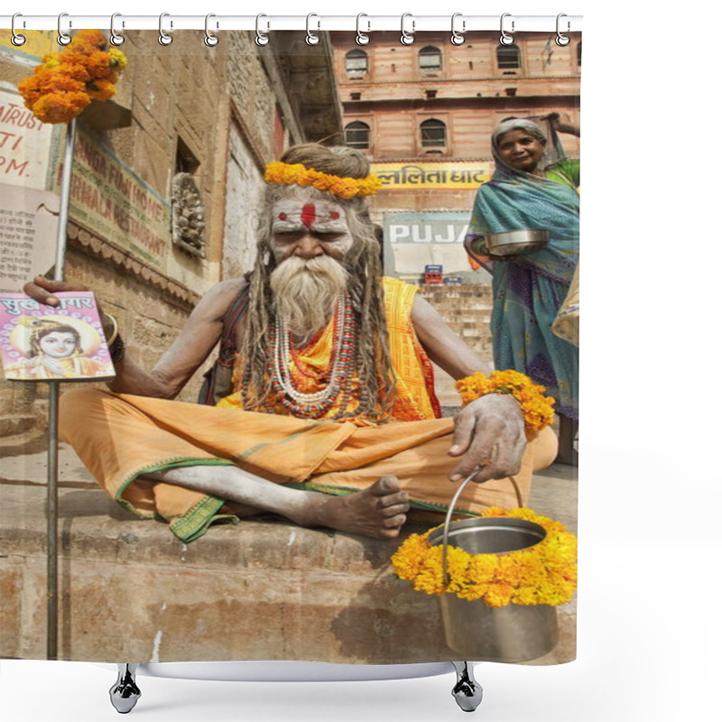 Personality  Indian Sadhu Collects Alms On A Ghat Near Ganga River In Varanasi, India. Shower Curtains