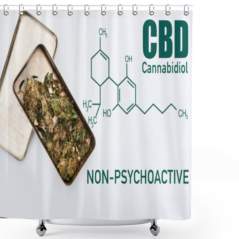 Personality  Top View Of Marijuana Buds In Metal Box On White Background With Cbd Molecule Illustration Shower Curtains