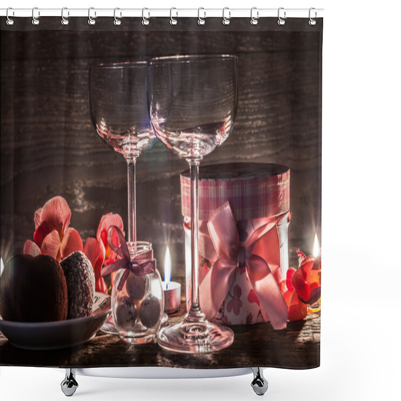 Personality  Wine Glasses, Gift And Sweets For A Romantic Evening Shower Curtains