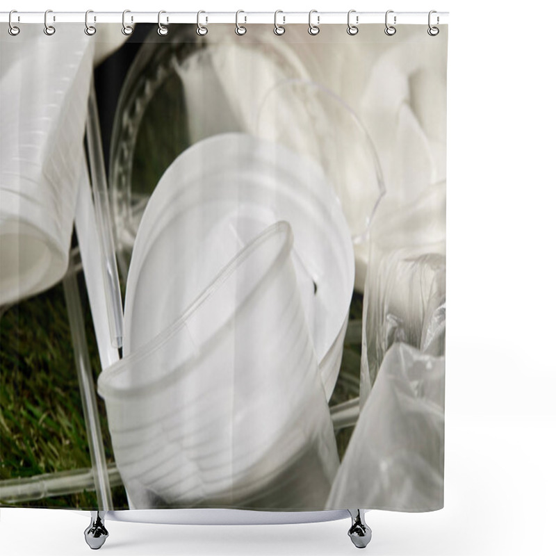 Personality  Close Up View Of Crumpled White And Transparent Plastic Cups On Grass Shower Curtains