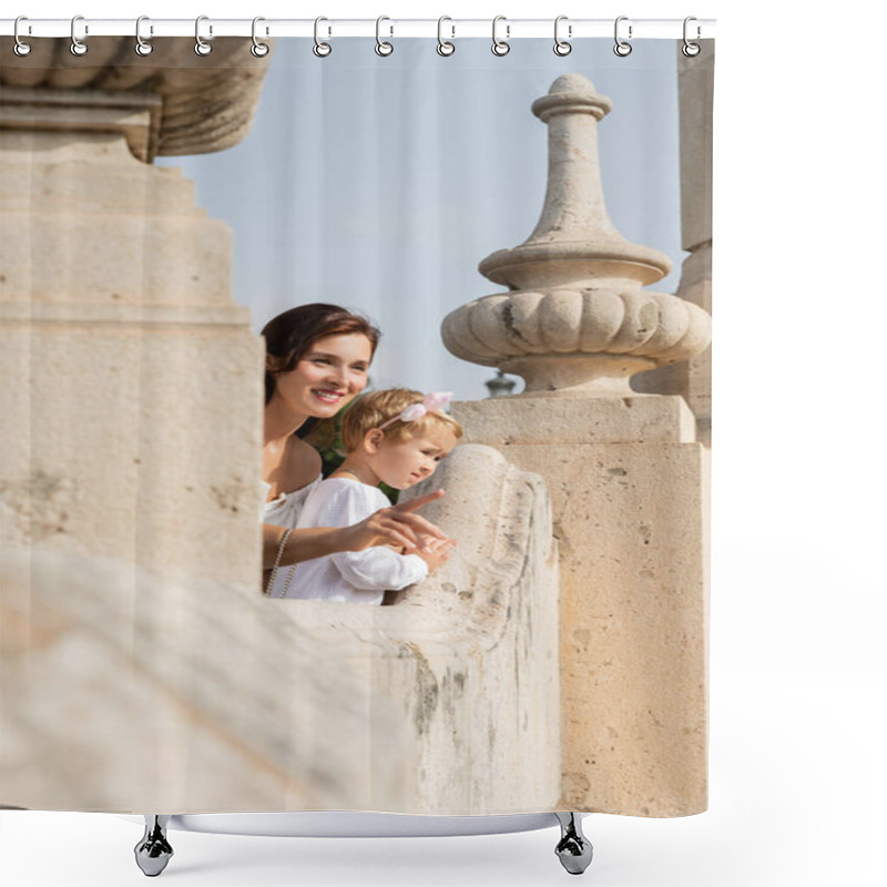 Personality  Smiling Mother Pointing With Finger Near Daughter On Stone Puente Del Mar Bridge In Valencia Shower Curtains