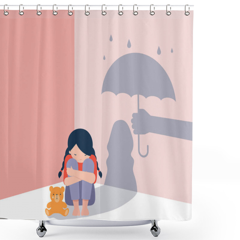 Personality  Sad Little Girl With Teddy Bear Sitting On Floor, Shadow On The Wall Is A Hand With Umbrella Protects Her. Child Abuse, Violence Against Children Concept Design.  Shower Curtains